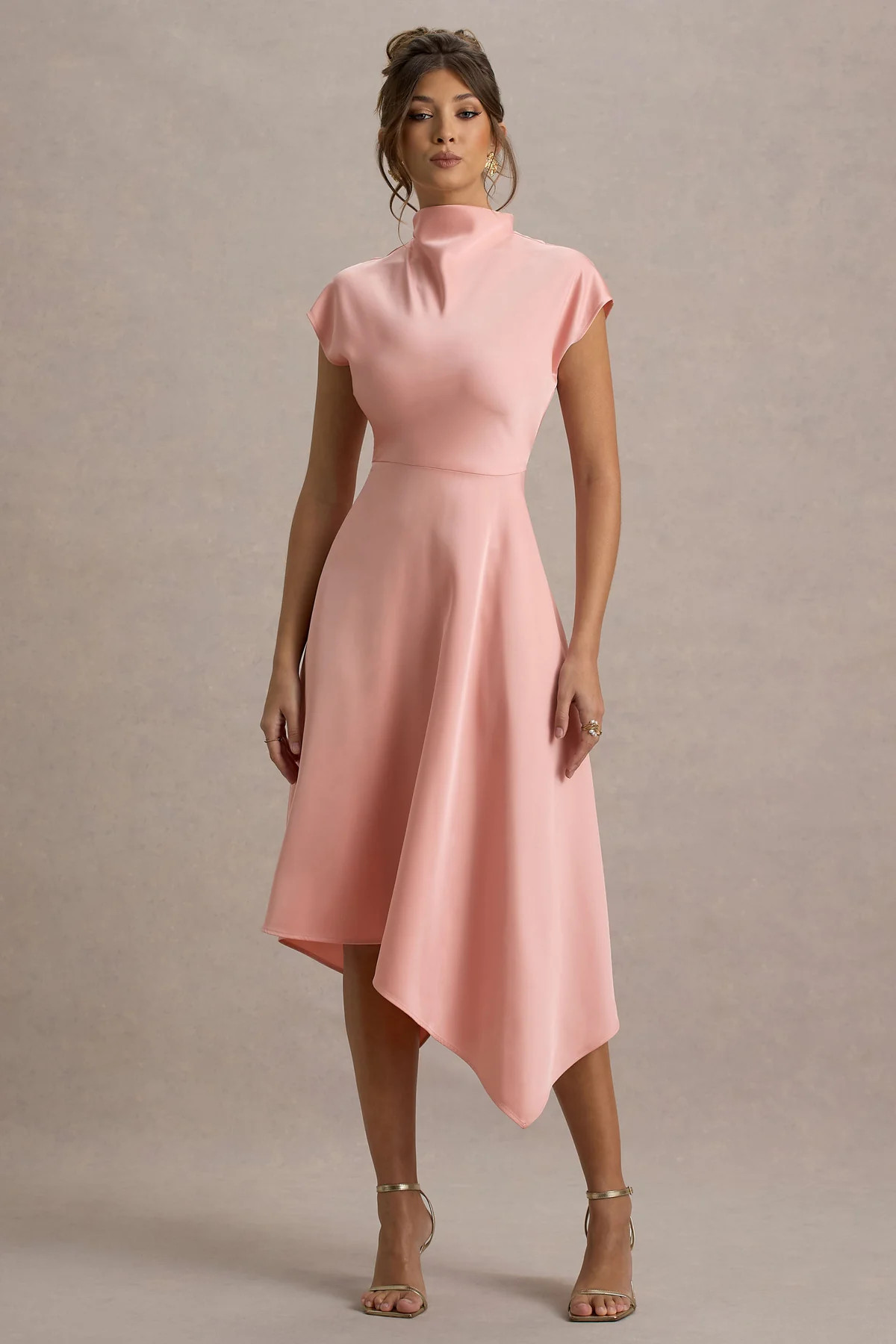 Velma | Light Pink Satin Midi Dress With Draped Hem | Club L London