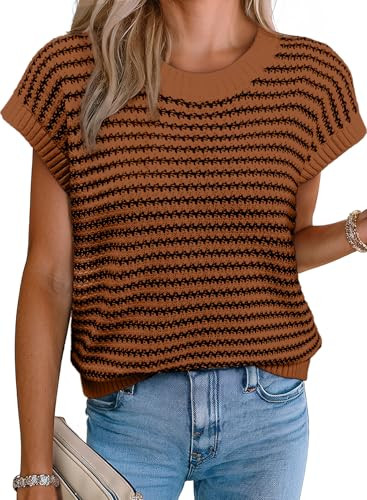 EVALESS Sweater Vest for Women Round Neck Sleeveless Striped Color Pullover Tank Top Trendy 2026 Summer Shirts Dark Brown Stripe Medium | Amazon (US)