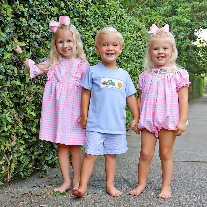 Pumpkin Hayride Pink Check Smocked Bishop Bubble | Classic Whimsy