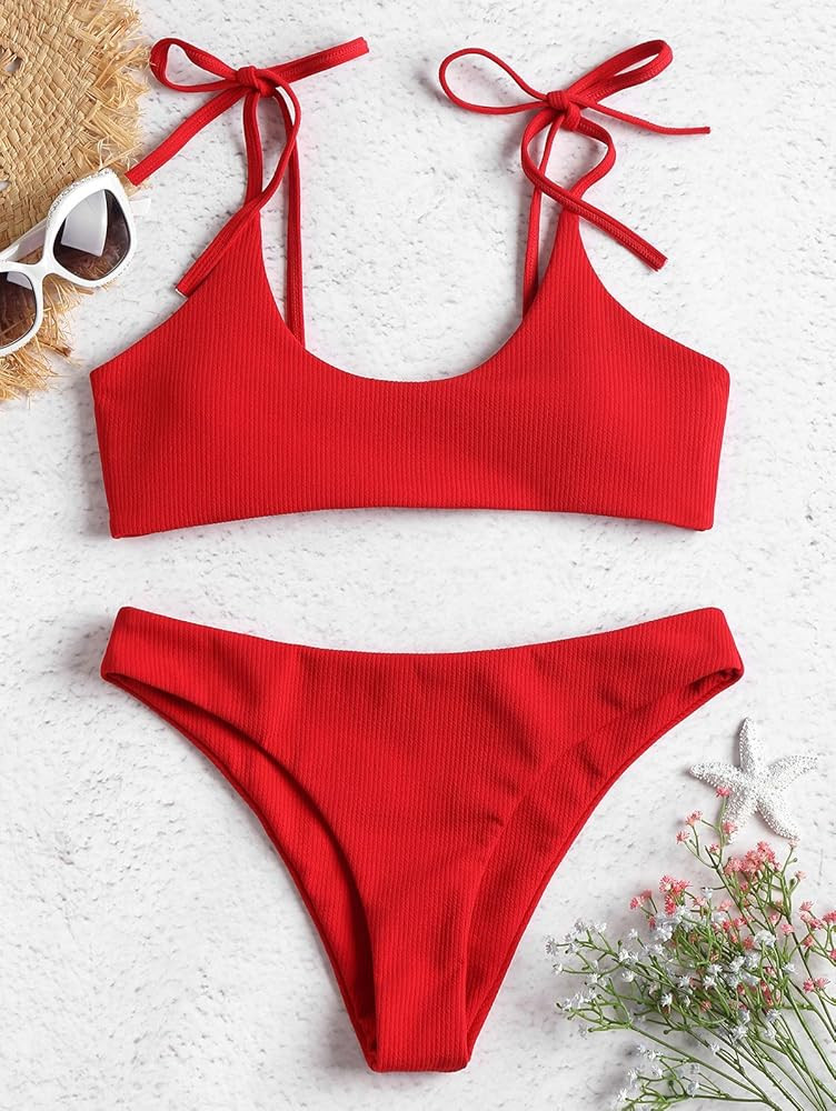 ZAFUL Women's Sexy Tie Shoulders Ribbed Bikini Set Padded Strap Triangle Swimsuit | Amazon (US)