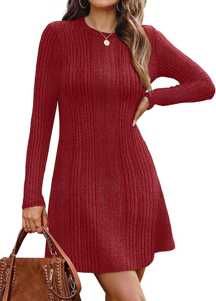OFEEFAN Fall Dresses for Women 2025 Long Sleeve Crew Neck Sweater Dress | Amazon (US)