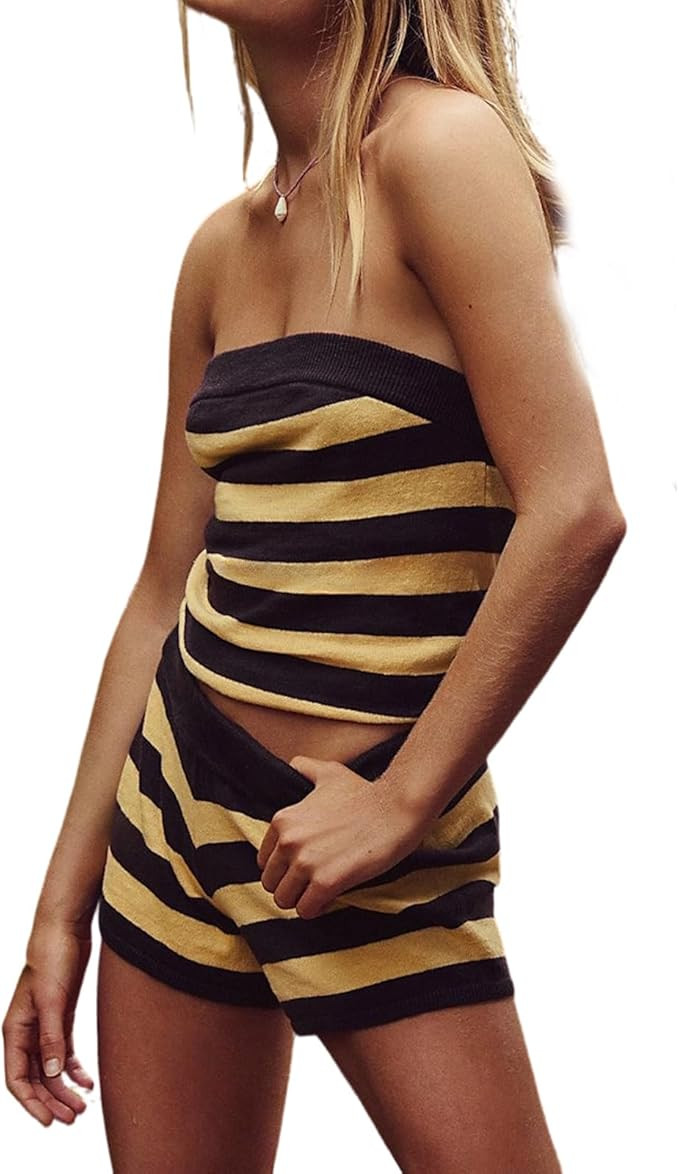 Foidiccx Womens Striped Tube Tops And Mini Shorts 2 Piece Knit Sweater Set Y2k Cute Strapless Bad... | Amazon (US)