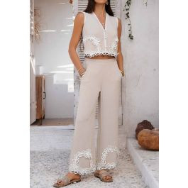 Tapework Lace Buttoned Sleeveless Top and Pants Set in Linen | Chicwish