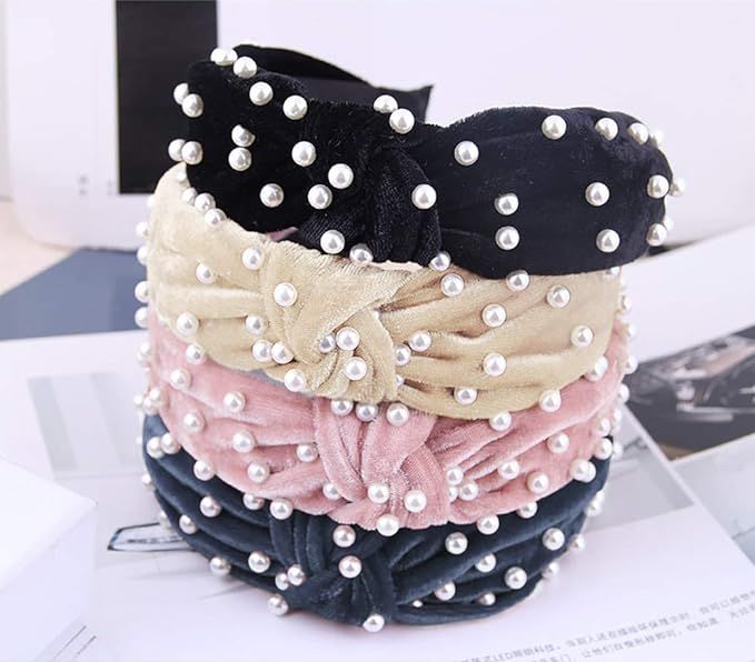 4 Pack Pearl Headbands for Women Velvet Headband Vintage Wide Hairband with Faux Pearl Elastic Ha... | Amazon (US)