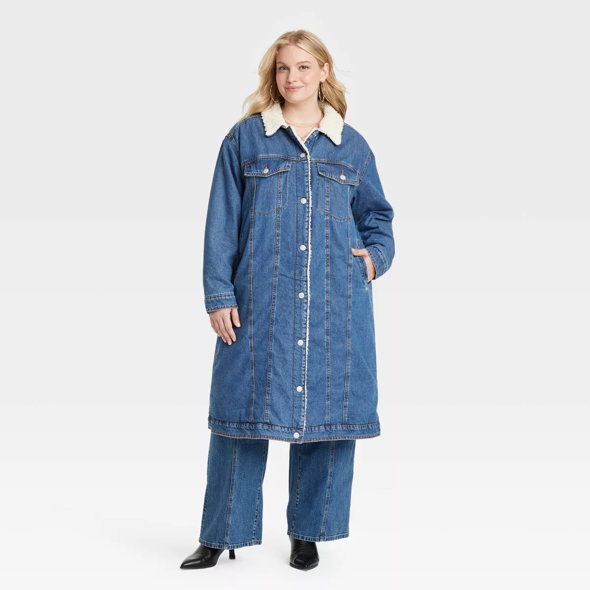 Women's Faux Shearling Long Denim Trucker Jacket - Universal Thread™ Medium Wash | Target