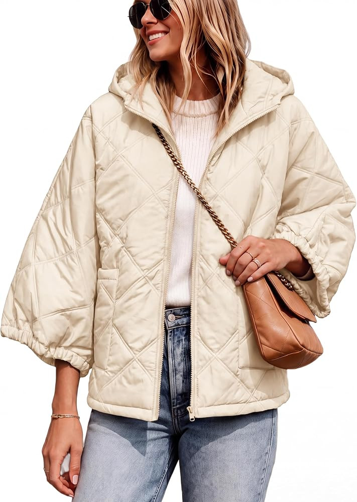Fiona Jolin Women 3/4 Sleeve Quilted Jackets with Hood (Apricot-S) | Loose Outerwear with Pockets... | Amazon (US)