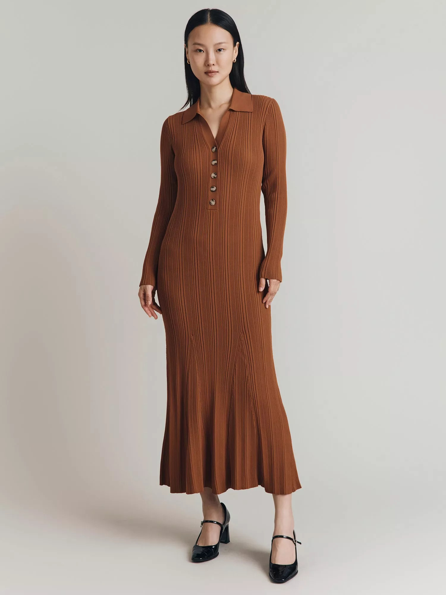 GhostRibbed Midi Shirt Dress, Rust | John Lewis (UK)