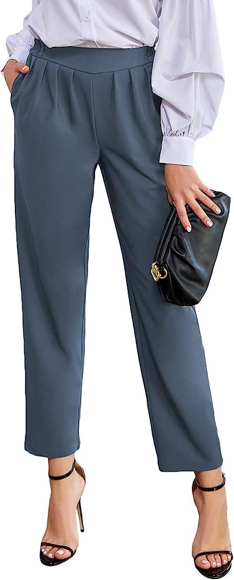GRACE KARIN Women's Casual Work Cropped Pant Pocket Elastic High Waist Trouser Pants | Amazon (US)