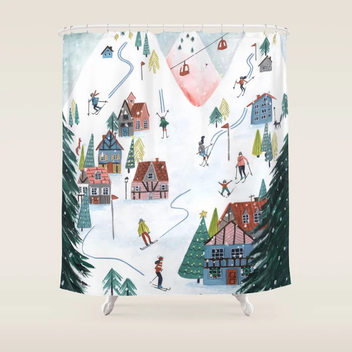 Skiing Winter Village Shower Curtain | Society6