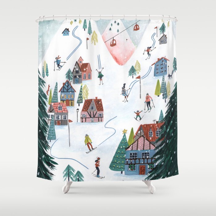 Skiing Winter Village Shower Curtain | Society6