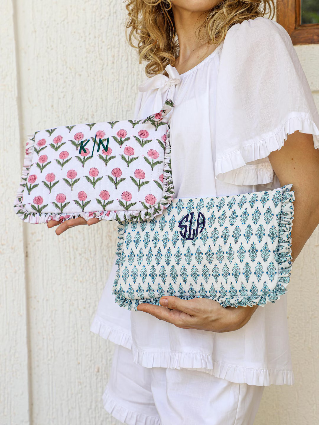 Personalized Ruffled Makeup Bag | Block Print Cosmetic Pouch | Bridesmaid Gift | Travel Toiletry ... | Etsy (US)