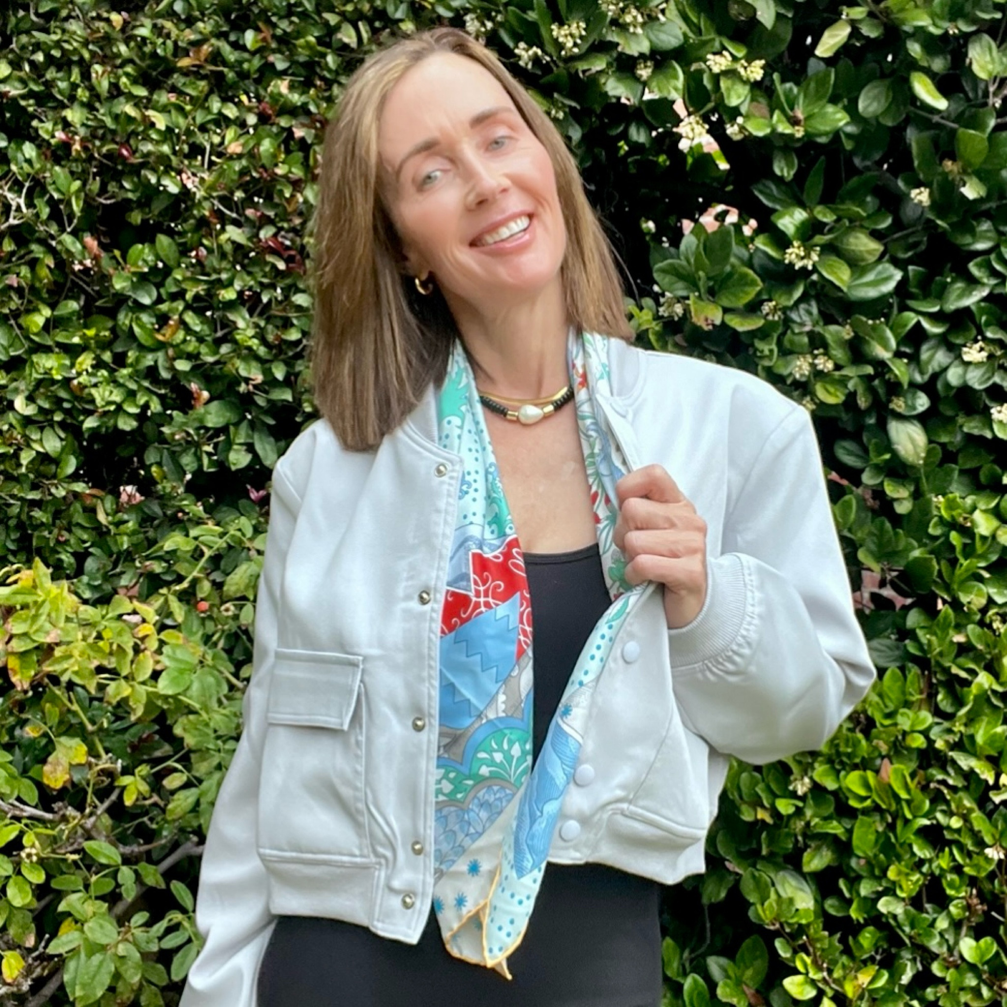 L O V E the gray color 
Of this jacket! Worn over the body suit and added scarf for color and fancied the outfit up for a lunch after workout! 

#LTKfindsunder100 #LTKover40 #LTKfindsunder50