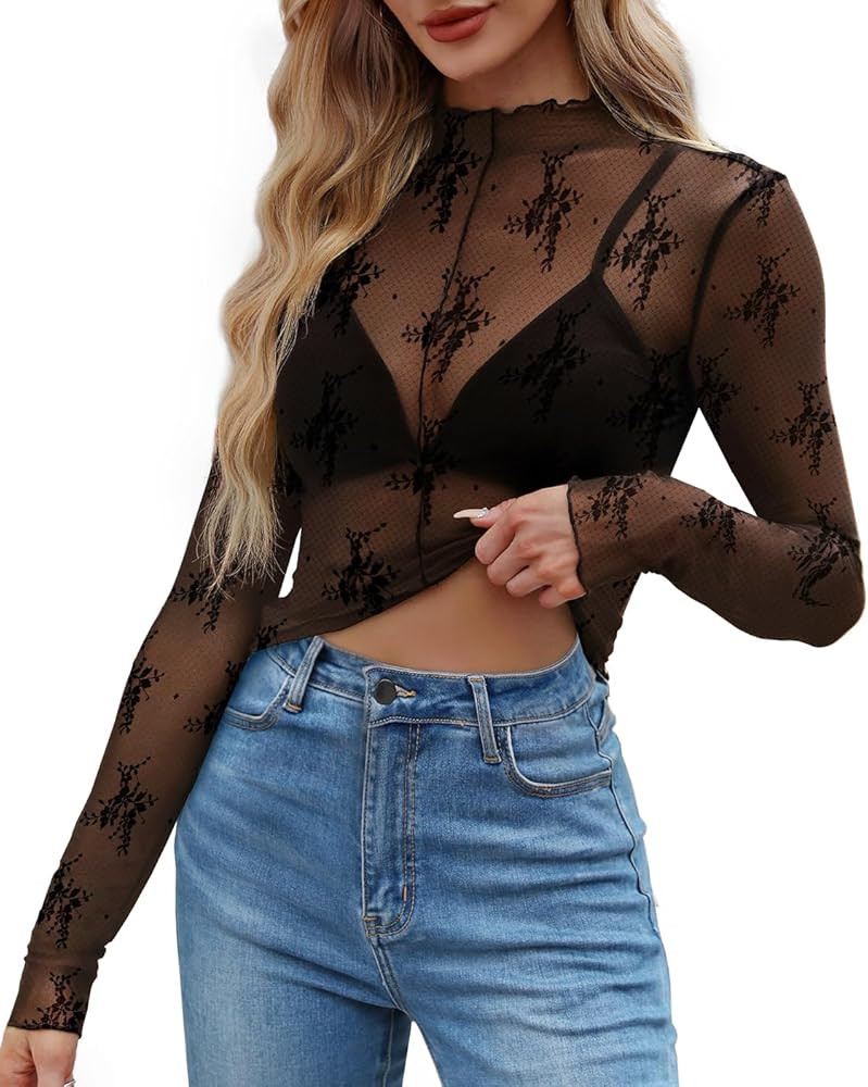 WIHOLL Womens Mesh Sheer Tops Sexy Crew Neck Summer Loose FIt Party Clubwear Shirts | Amazon (US)