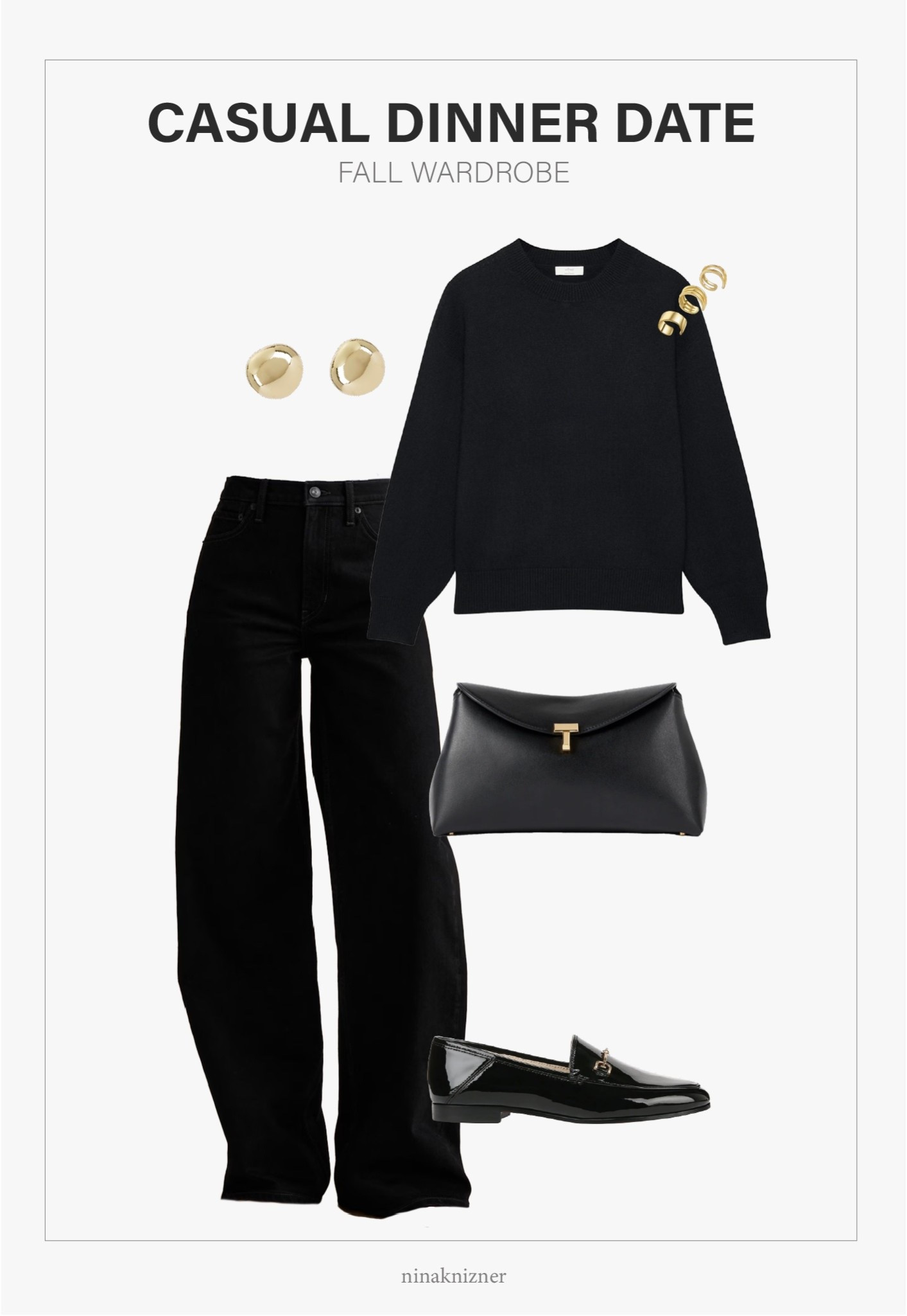 Relaxed and edgy casual dinner outfit…

Loving this relaxed cashmere sweater, I have it in nomad taupe but really eyeing the black one right now. 

Pairing it with one of my favorite wide-leg jeans and shiny black loafers. I’ve worn gold studs with ear cuffs all summer long, and carrying it over to fall and winter. It’s soooo chic, really gives my outfits a bit of oomph. Hehe

- Ettika Polished Pebble Stud Earrings in gold
- ARITZIA Wilfred Isabelle Wool Cashmere Sweater in black 
- Banana Republic The Icon Classic Wide-leg Jean in black
- Amazon Ear Cuffs in gold
- Toteme T-lock Leather Clutch in black 
- Sam Edelman Loraine Loafer in patent black/gold

#earrings #goldstuds #statementearrings #goldearrings #jewelry #earcuffs #sweater #cashmere # jeans #widelegjeans #denim #blackwidelegjeans #blackcashmeresweater #relaxedcashmeresweater 
#loafers #blackloafers #patentloafers #clutch #toteme #blackclutch #datenight #dinnerdate
