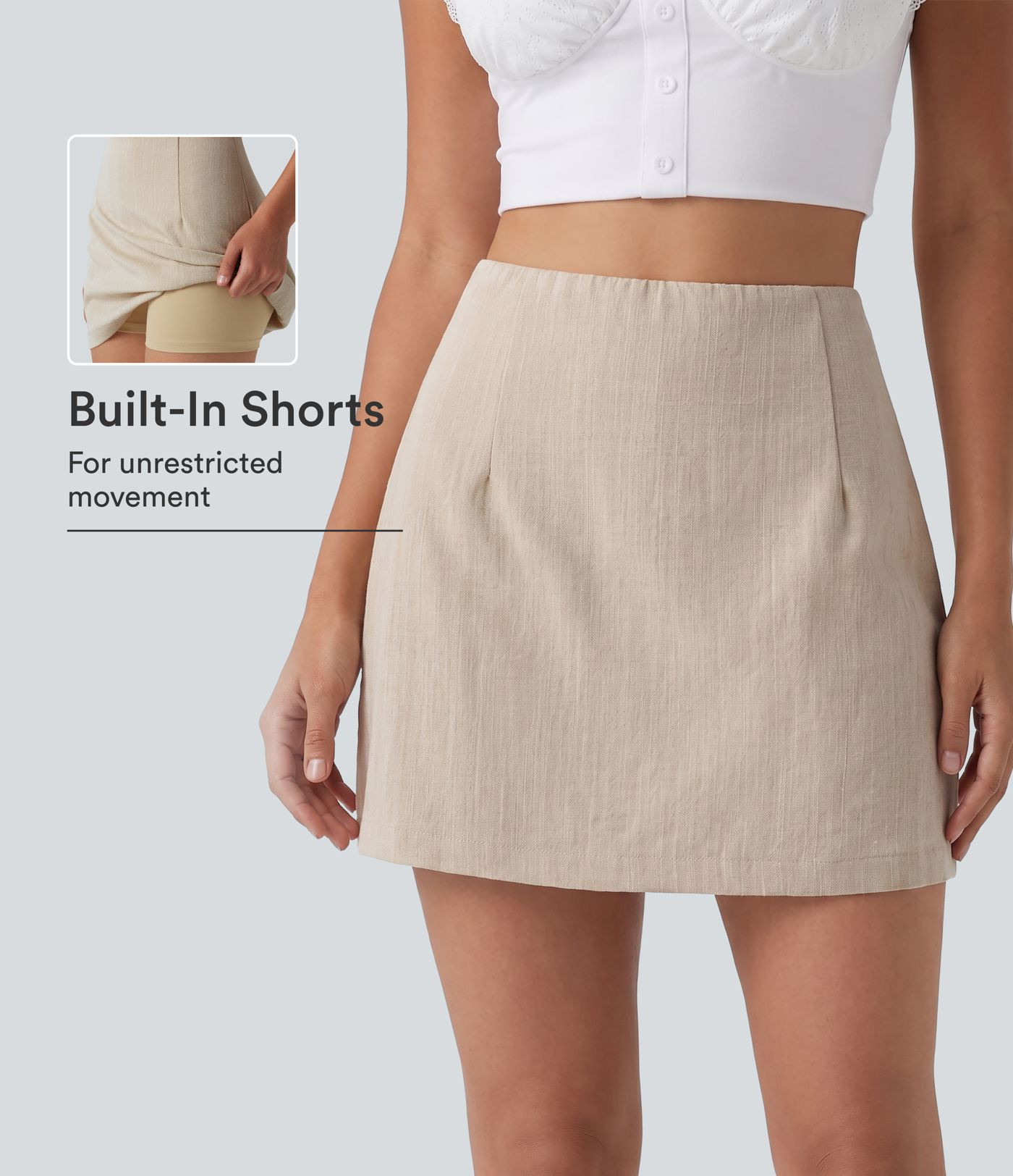 High Waisted 2-in-1 A Line Mini Casual Linen-Feel Skirt | HALARA