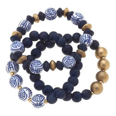 Marcie Blue & White Chinoiserie & Painted Wood Stretch Bracelet Stack in Navy - Set of 3 | CANVAS