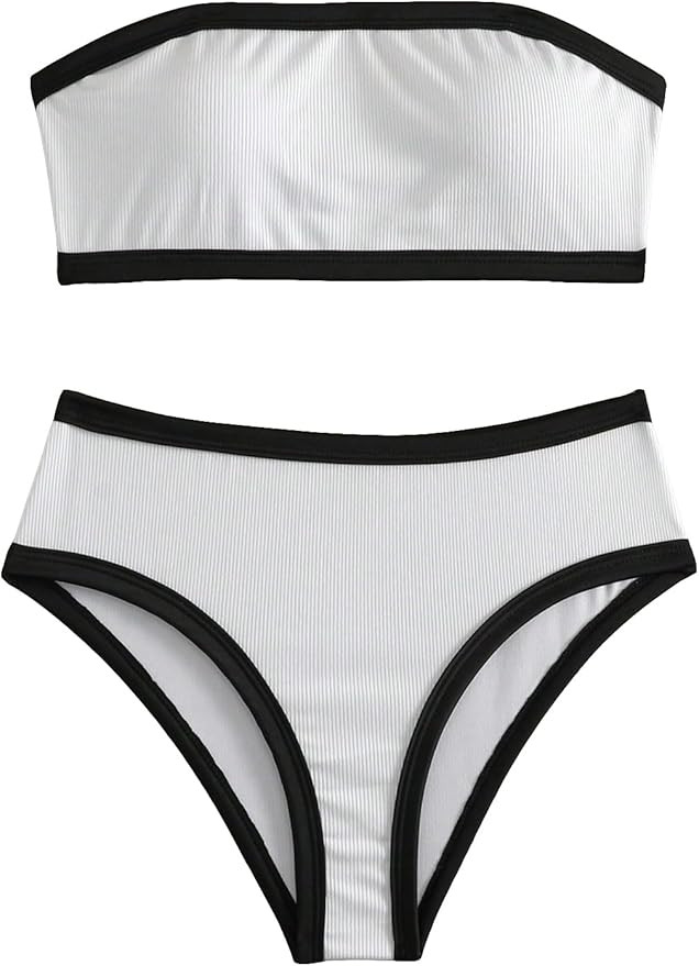 SweatyRocks Women's Bathing Suits Striped Bandeau Bikini high Waisted Swimsuits Swimwear Set | Amazon (US)