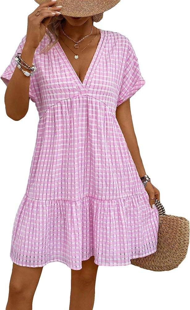 Floerns Women's V Neck Short Sleeve Ruffle Hem Colorblock Swing Shift Mini Dress | Amazon (US)