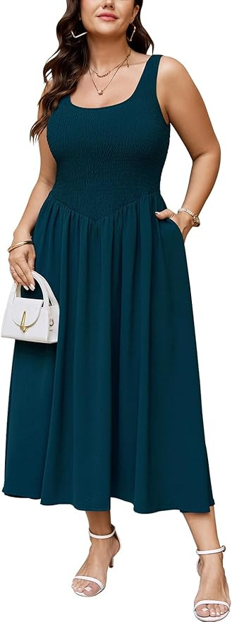 SCOMCHIC Women's Plus Size Summer Tank Dress Sleeveless Smocked A Line Flowy Maxi Dresses | Amazon (US)