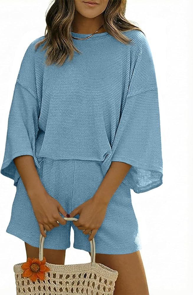 Tankaneo Womens Short Sets 2 Piece Outfits 3/4 Sleeve Tops and Elastic Waist Shorts Lounge Set Ca... | Amazon (US)