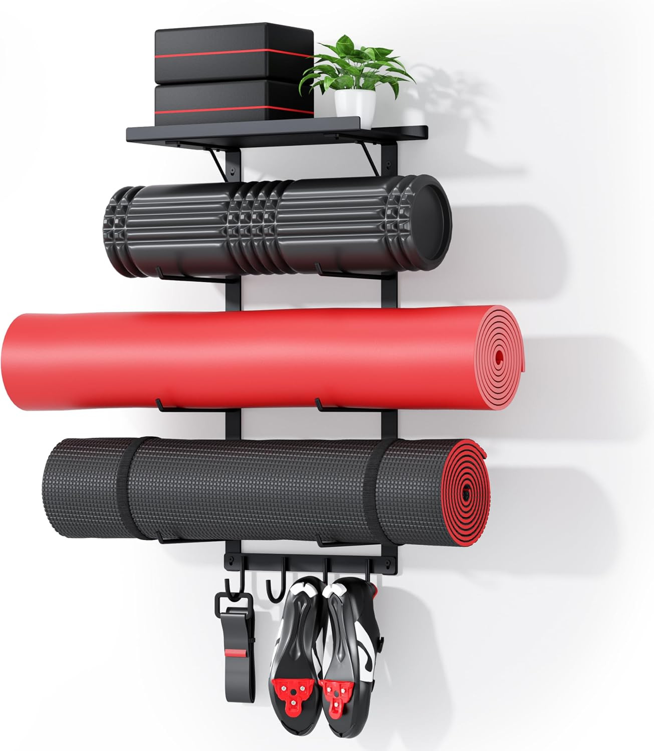 Yoga Mat Holder Wall Mount, Yoga Accessory Mat Storage Rack, Home Gym Accessories Organizer, Floating Shelf and Hooks for Hanging Foam Roller/Band/Workout Equipment at Pilates Fitness Class | Amazon (US)