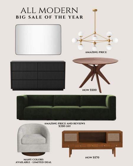 @AllModern Big Sale of the Year is here! Up to 70% off and free shipping on tons of styles! Sale ends 5/6. I’m rounding up a ton of beautiful finds on sale. So make sure to check out my LTK shop for tons of awesome deals!

Modern furniture. Modern sofa green. Modern accent chair grey. Modern dining table round. Modern accent chairs swivel. Black dresser  modern. Modern mirror black. Modern media stand wooden. 

#allmodernpartner #modernmadesimple 

#LTKsalealert #LTKhome