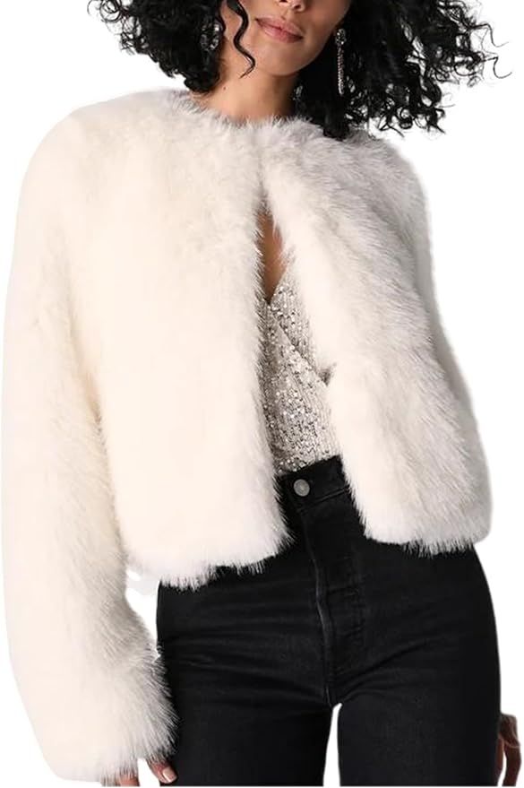 Wyeysyt Women's Cropped Faux Fur Jacket Winter Fashion Long Sleeve Open Front Cardigan Fluffy Sha... | Amazon (US)