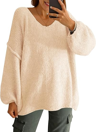 Saodimallsu Womens Oversized V Neck Sweaters Chunky Knit Lantern Long Sleeve Fall Winter Slouchy ... | Amazon (US)