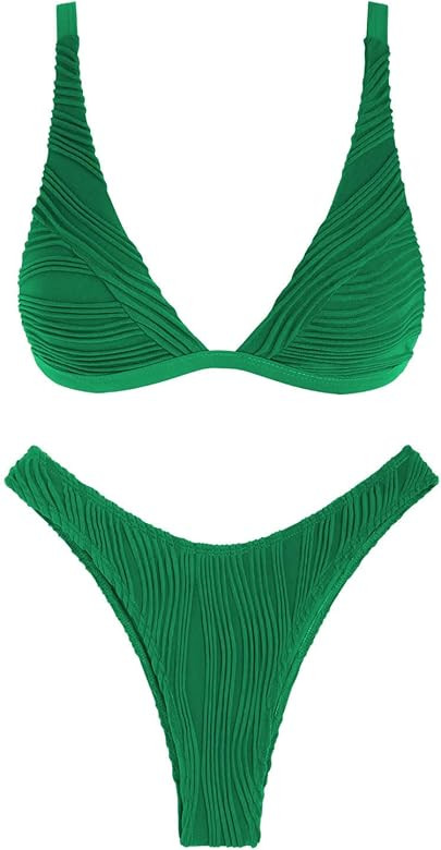 ZAFUL Bikini Sets for Women Triangle Textured Plunging High Cut Cheeky Bikini Swimsuits Two Piece... | Amazon (US)