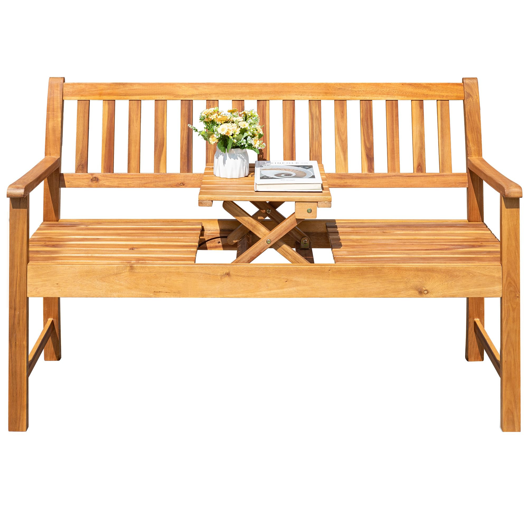 Greesum Outdoor Bench 2-Person Acacia Garden Chair Patio Porch Furniture with Foldable Small Tabl... | Amazon (US)