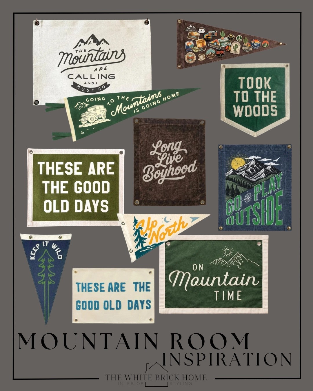 A round up of mountain and nature inspired wall flags - these would add a touch of charm to any mountain themed boys bedroom design! Perfect for above a bed or dresser. 

Boys room, boys bedroom, kids room, kids bedroom, boys room wall art, boys room wall flag, boys room ideas, boys room design, nature inspired boys room, nature inspired kids room, boys room ideas, rustic kids room, boys room design, boys room flag, Etsy