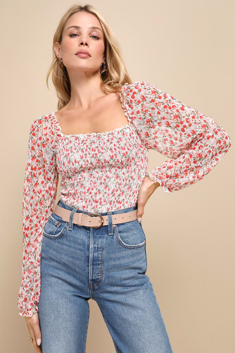 Cutest Blossom Ivory Floral Mesh Smocked Long Sleeve Top | Lulus