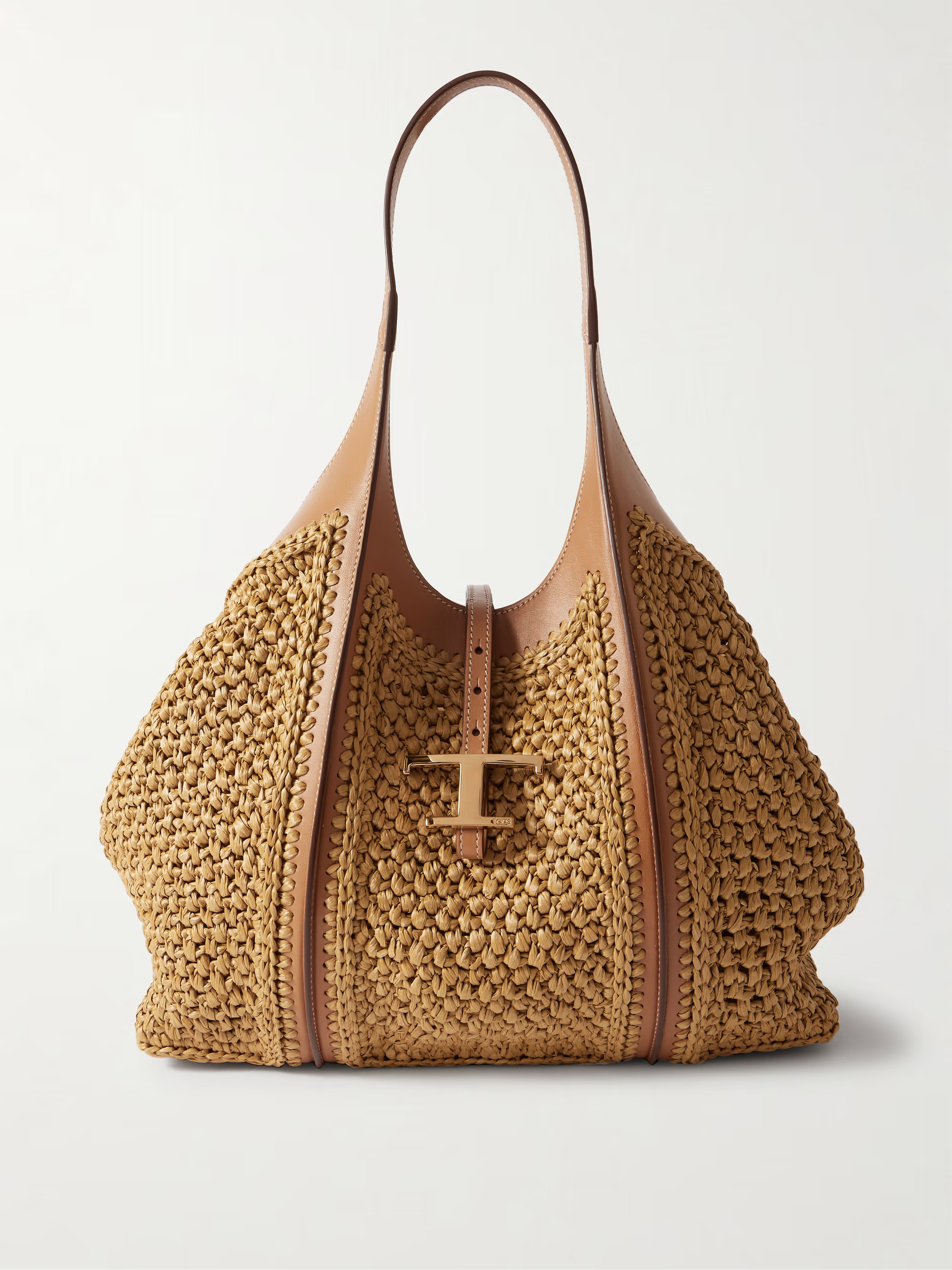 T Timeless leather-trimmed raffia shoulder bag | NET-A-PORTER (UK & EU)