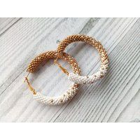 White Gold Hoop Beaded Earrings, Big Stud Hoops, Seed Bead Boho Chic Jewelry, Statement Earrings For | Etsy (US)