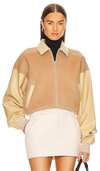 Faux Leather & Wool Blend Bomber in Tan | Revolve Clothing (Global)