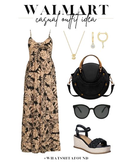 Walmart outfit idea, casual outfit idea, summer outfit idea, maxi dress, knot maxi dress, printed maxi dress, patterned maxi dress, neutral maxi dress, wedge sandals, espadrille wedges, black espadrille wedges, trendy wedge sandals, black purse, designer inspired purse, crossbody purse, black sunglasses, trendy sunglasses, initial necklace, bubble initial necklace, dainty earrings, gold earrings

#LTKfindsunder50 #LTKshoecrush #LTKitbag