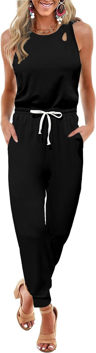 KIRUNDO Women’s Summer Cutout Solid Sleeveless Jumpsuit Crewneck Drawstring Elasitic Waist Long... | Amazon (US)