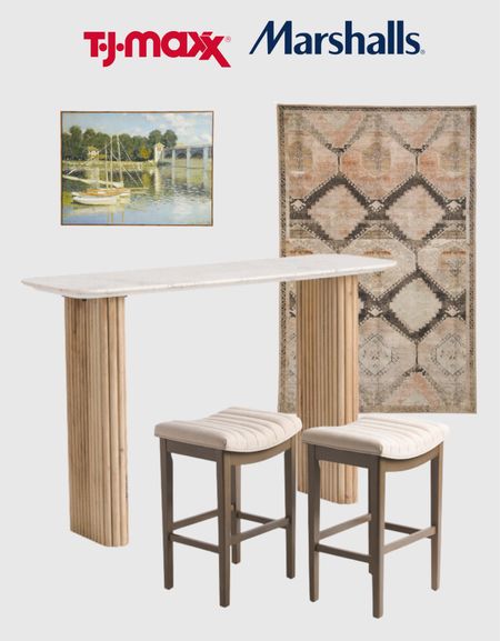 Counter stool, vintage area rug, marble top wood console, framed art

#LTKFind #LTKstyletip #LTKhome