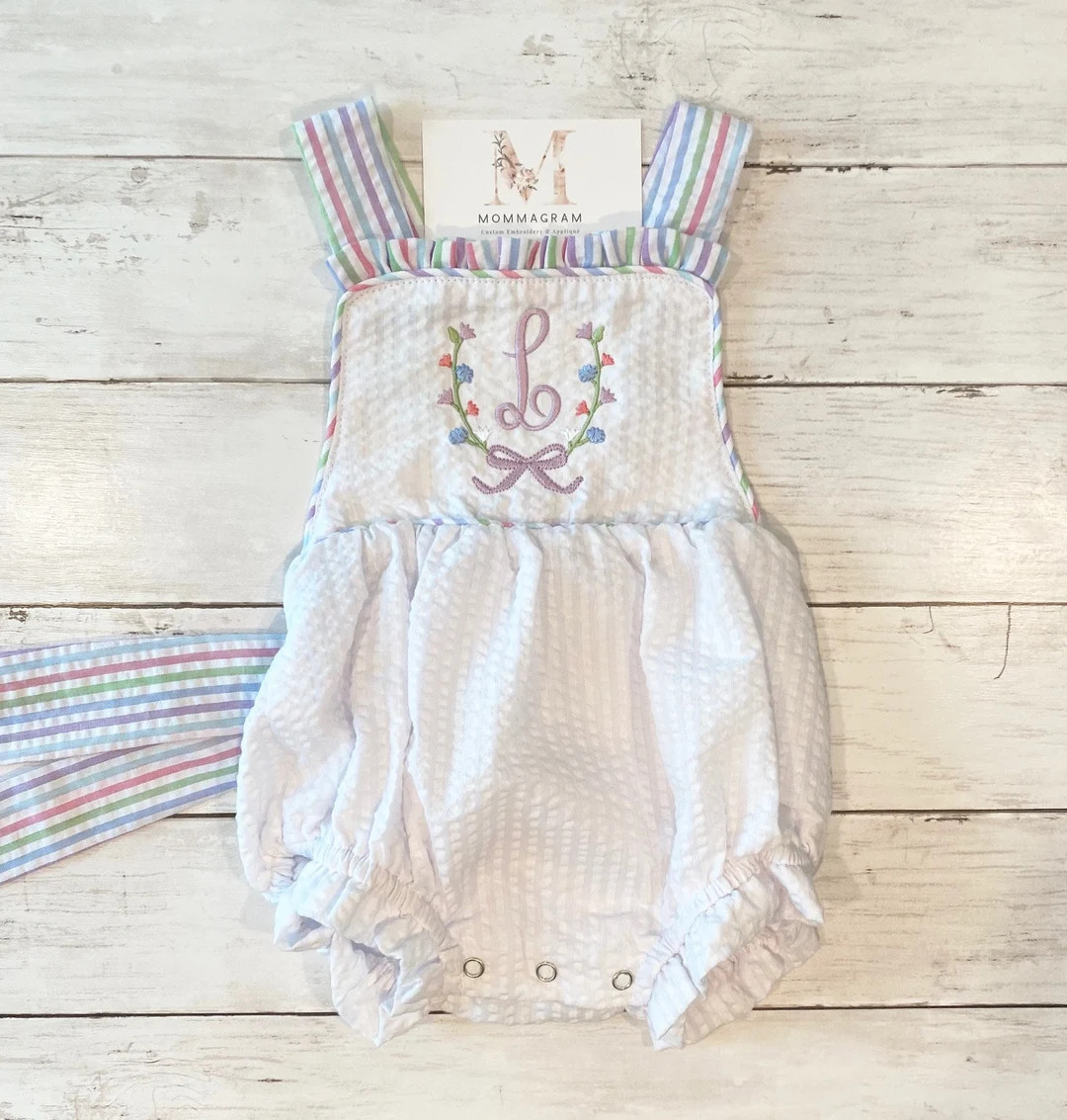 Seersucker Multi Colored Stripe Bubble, Monogrammed Baby Girl Clothes, Personalized Girl Clothes,... | Etsy (US)