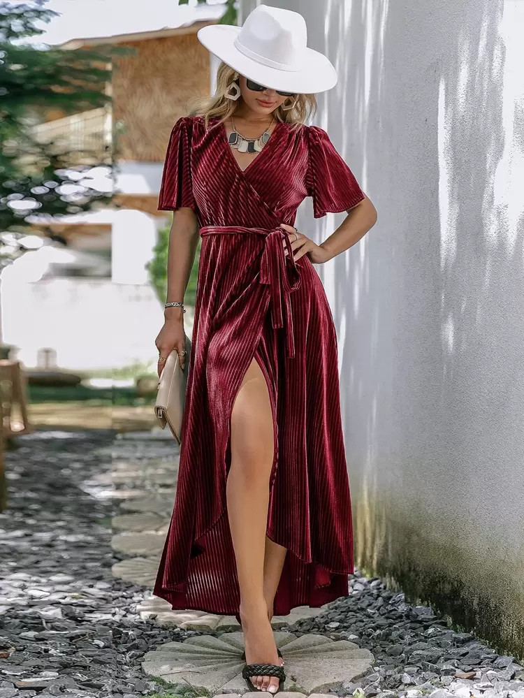 Simplee Butterfly Sleeve Wrap Knot Side High Low Hem Velvet Plisse Dress | SHEIN