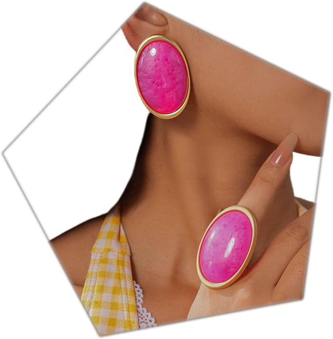 Chunky Oval Pink Resin Statement Earrings Ring Set for Women | Amazon (US)