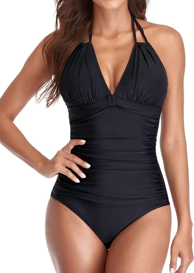 Tempt Me Halter One Piece Bathing Suits for Women Tummy Control Ruched Sexy Deep V Neck Swimsuits | Amazon (US)