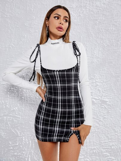 SHEIN Knot Shoulder Split Hem Plaid Overall Dress | SHEIN