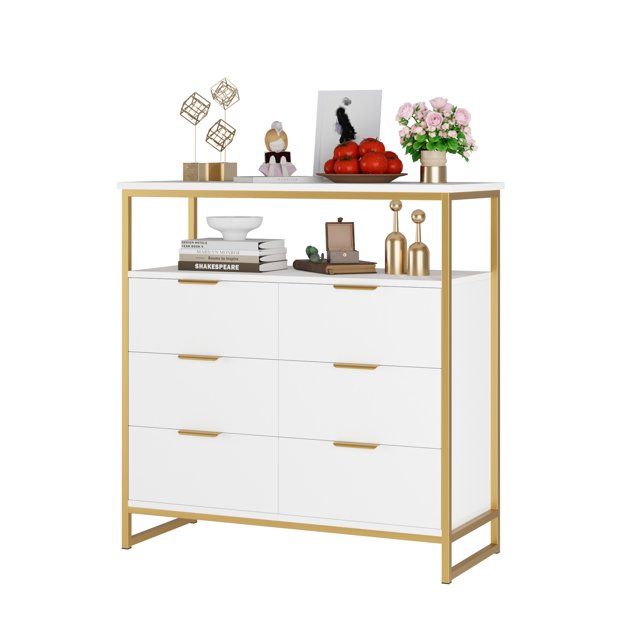 Homfa 6 Drawer Dresser, Modern Storage Chest, Storage Cabinet for Living Room, White Gold | Walmart (US)