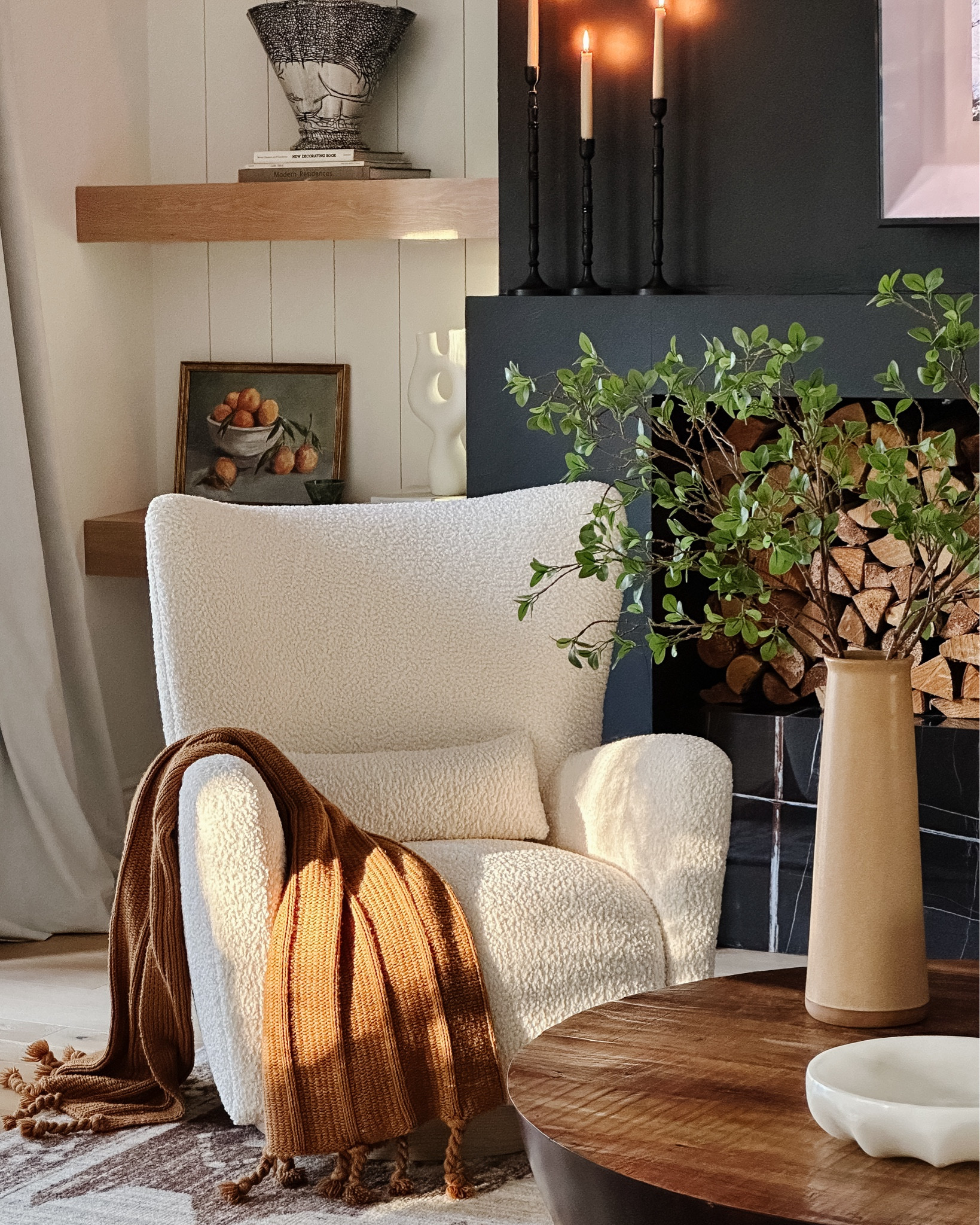 Swivel chair 

Coffee table, candles, rug, faux stems, shelves, vase 

#LTKfamily #LTKstyletip #LTKhome