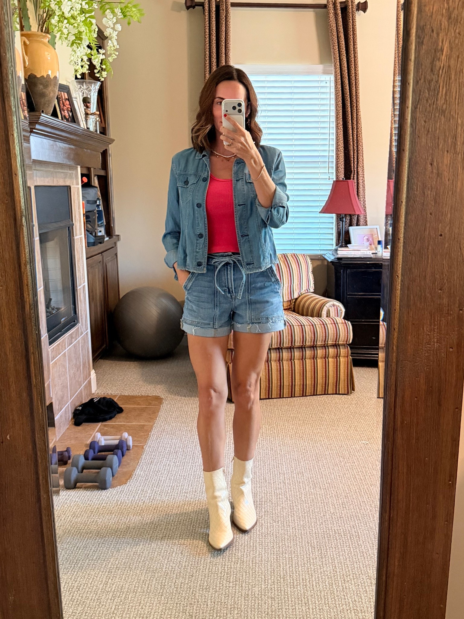 Shorts and boots for spring.  Chambray.  

These boots are actually comfortable and I had bunions 🫣
They are true to size. 

#LTKActive #LTKOver40 #LTKootd