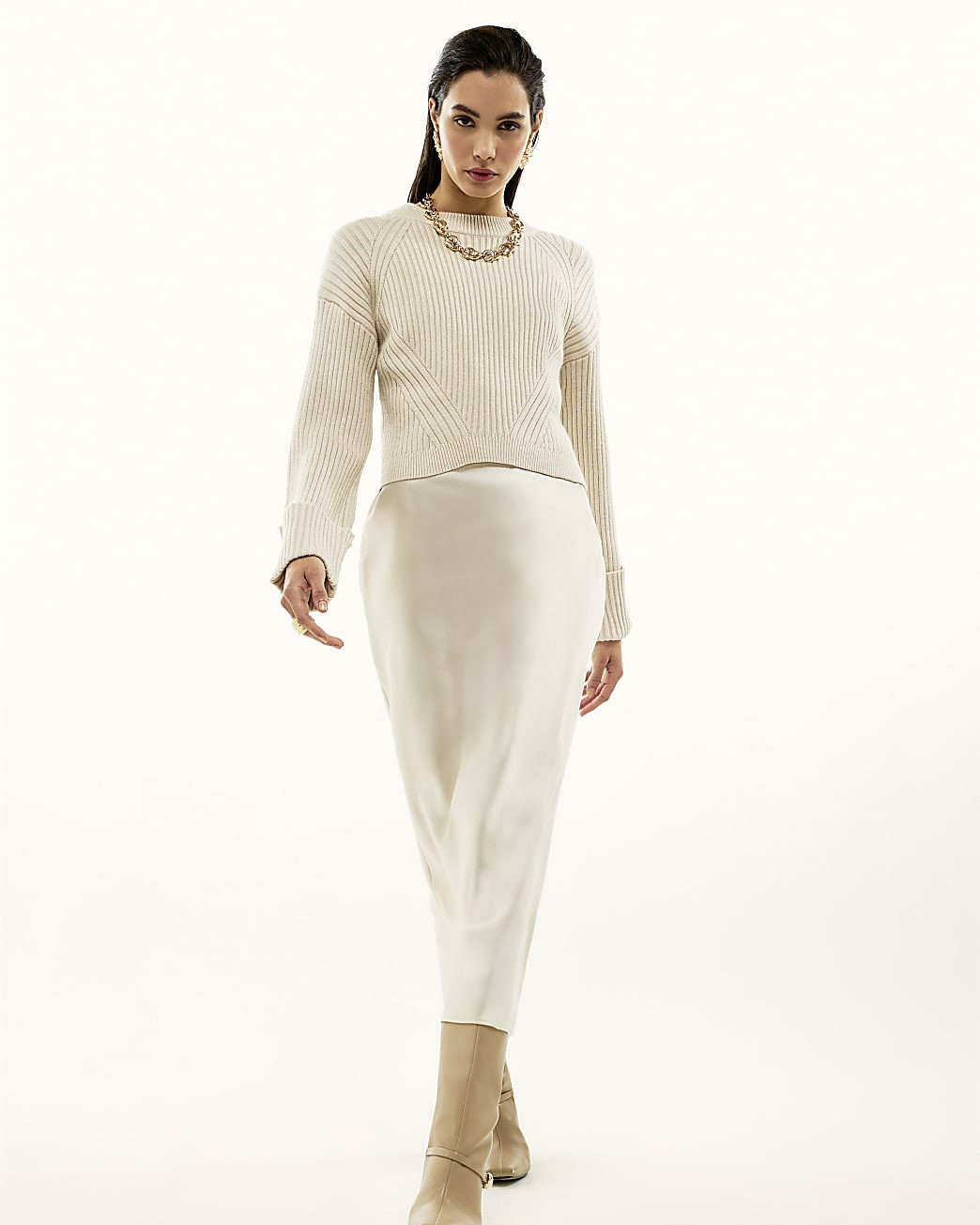 Cream Satin Hybrid Jumper Midi Dress | River Island UK & IE