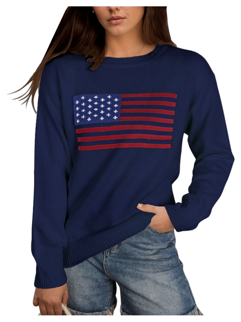 Pullover Sweaters for Women Y2K American Flag Independence Day Crewneck Fall Winter Knitted Strie... | Walmart (US)