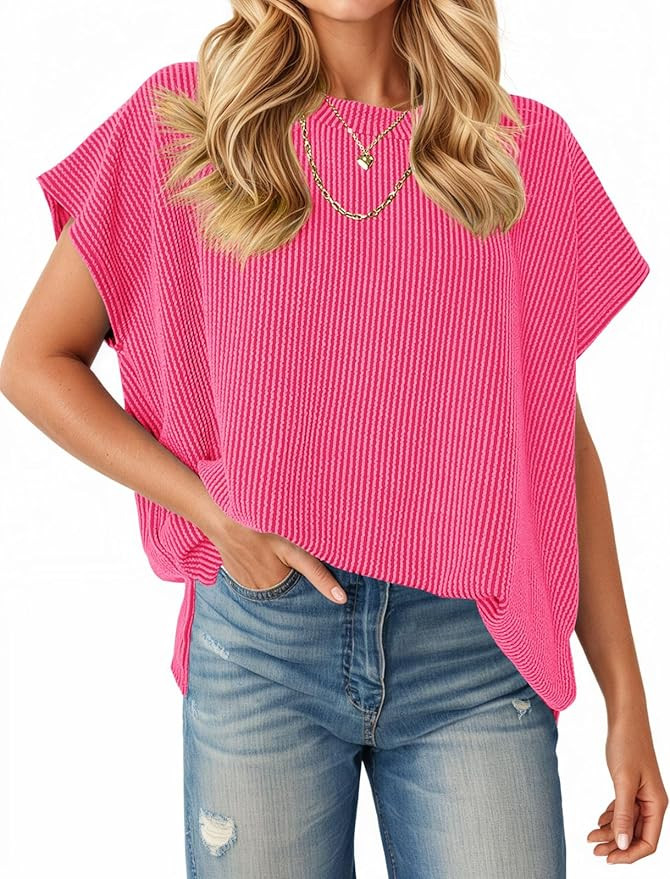 Tankaneo Womens Oversized Short Cap Sleeve Tunic Tops Summer Casual Textured Ribbed Knit T-Shirts... | Amazon (US)