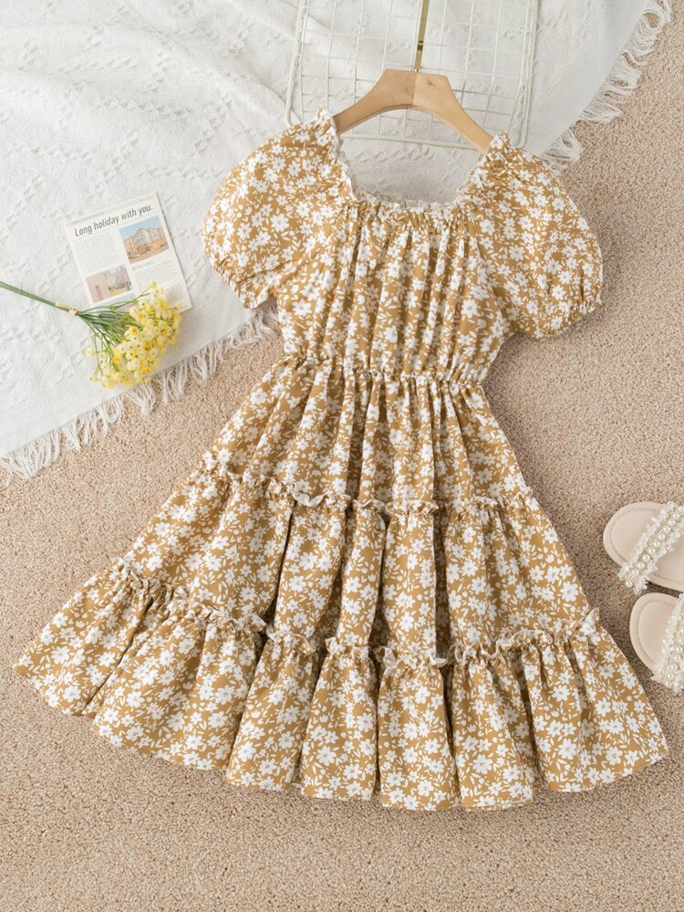 Girls Ditsy Floral Puff Sleeve Ruffle Hem Dress | SHEIN
